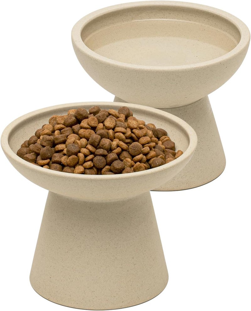 CEEFU 2 Elevated Cat Bowls Extra Wide for Food & Water – Whisker Fatigue, Ceramic Wide Shallow Food Dish, Lead & Cadmium Free, Raised Height for Cats, Pottery Clay (Not Glazed) - Image 1